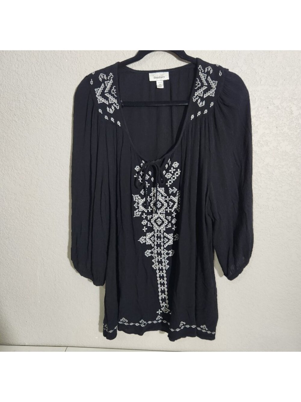 Dressbarn Dress Embroidered Boho Womens Tunic Top 2X Black